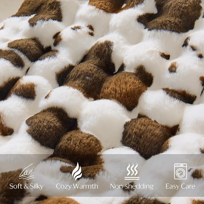 DOWNCOOL Faux Fur Throw Blanket for Couch, Ultra Soft Fluffy Fuzzy Plush Bubble Blanket for Sofa Bedroom Living Room, Cozy Warm Luxury Fleece Minky Blanket, 50x60 Inches Cow Print-Brown