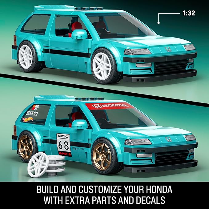 Mattel Brick Shop Hot Wheels 1990 Honda Civic EF Speed Series Custom Building Set with 248 Pieces, Realistic Details and Customization Stickers, JHF62