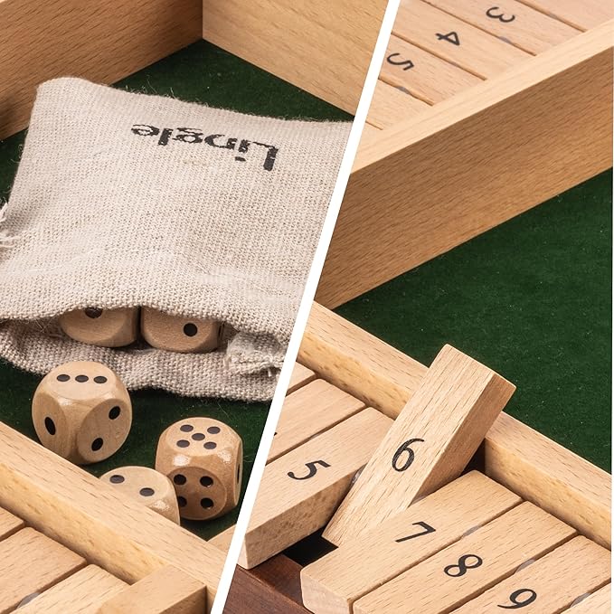 Shut The Box Dice Game, 2-4 Player Wooden Board Table Math Games, Classic Shut The Box Board Game