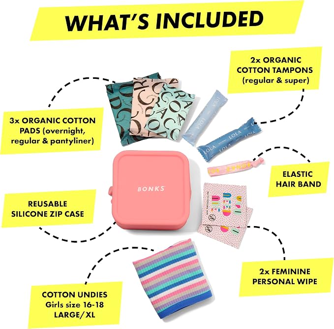 BONKS GoGo Kit - Teen Period Kit for Girls Ages 15-18 (L - XL) - Emergency Travel Hygiene Kit for Young Women - Includes Pads, Tampons, Underwear & More