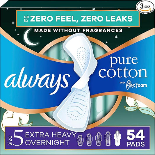 Always Pure Cotton Feminine Pads for Women, FlexFoam Pads with Wings, Size 5, Extra Heavy Overnight Absorbency, Unscented, 54 Count (3 Packs of 18)
