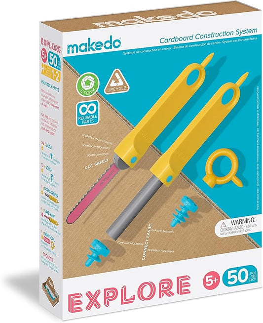 Makedo Explore | Upcycled Cardboard Construction Toolkit in Small Toolbox (50 Pieces) | STEM + STEAM Educational Toys for at Home Play + Classroom Learning | Reusable Tools for Boys and Girls Age 5+