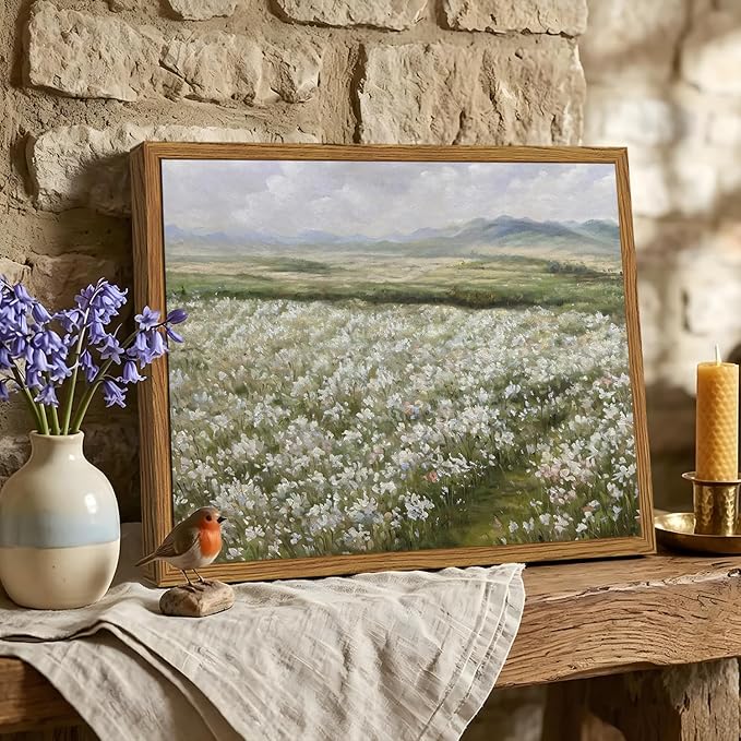 Framed Vintage Landscape Wall Art, Country Wildflower Field Pictures Wall Decor, Rustic Nature Flower Paintings Canvas Prints Farmhouse Home Decor for Living Room Bedroom Bathroom 12x16 inch