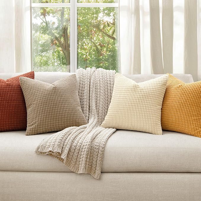 MIULEE Fall Decorative Pillow Covers 18x18 Inch Set of 4 Terra Cotta | Modern Farmhouse Natural Rustic Pillows, Neutral Warm Soft Corduroy Couch Pillowcases, Home Decor for Sofa Living Room Bed