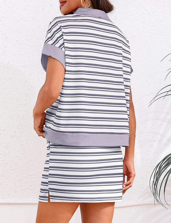 Womens Striped 2 Piece Outfits Skirt Set Summer Casual Short Sleeve Polo Skort Workout Set Matching Lounge Sets