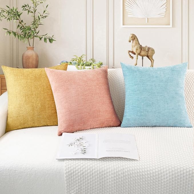 CaliTime Decorative Throw Pillow Covers 18 X 18 Inches Light Blue Grey | Pack of 2, Cozy Chenille Cushion Cases for Couch Sofa Bed Living Room Farmhouse Home