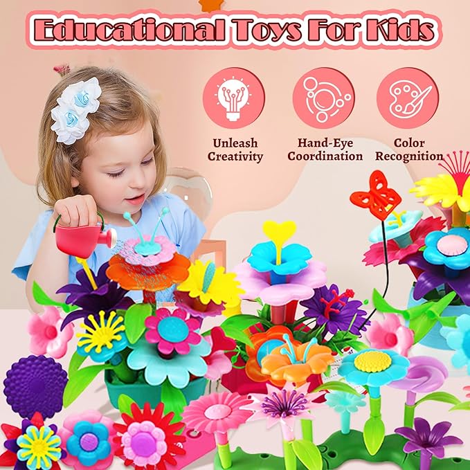 FUNZBO Flower Garden Building Toys Set - Birthday Gifts for Age 2 3 4 5 6 Years Old Girl, STEM Montessori Educational Toy for Toddler Kid, Sorting & Stacking Spring Gardening Set for Birathday Gift