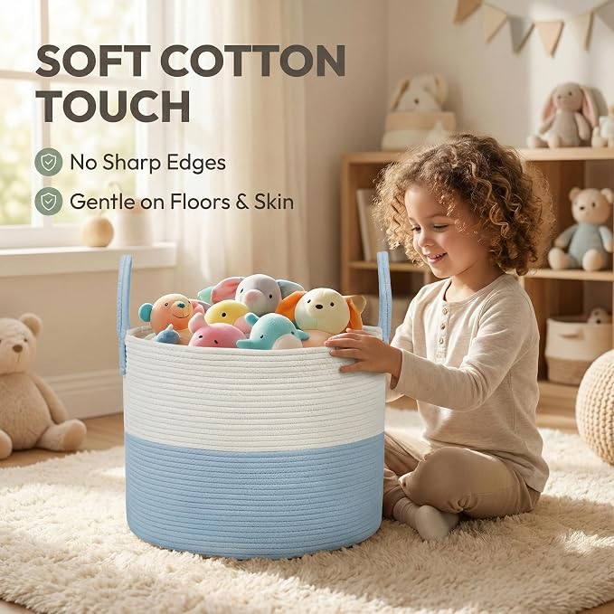 JMvicyroam 65L Extra Large Machine Washable Cotton Rope Blanket Basket | Collapsible laundry hamper, Reinforced handles, For blankets, pillows, toys and clothes, Living room and bedroom, White&Blue
