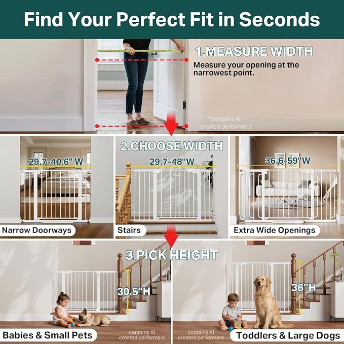 Cumbor 29.7–51.5" Extra Wide Baby Gate for Stairs, Pressure-Mounted Dog Gates for Doorways & Hallways, Auto-Close Walk-Through, No-Trip Design, Child Proof Safety, Dog/Pet Gate for Indoor Use, White