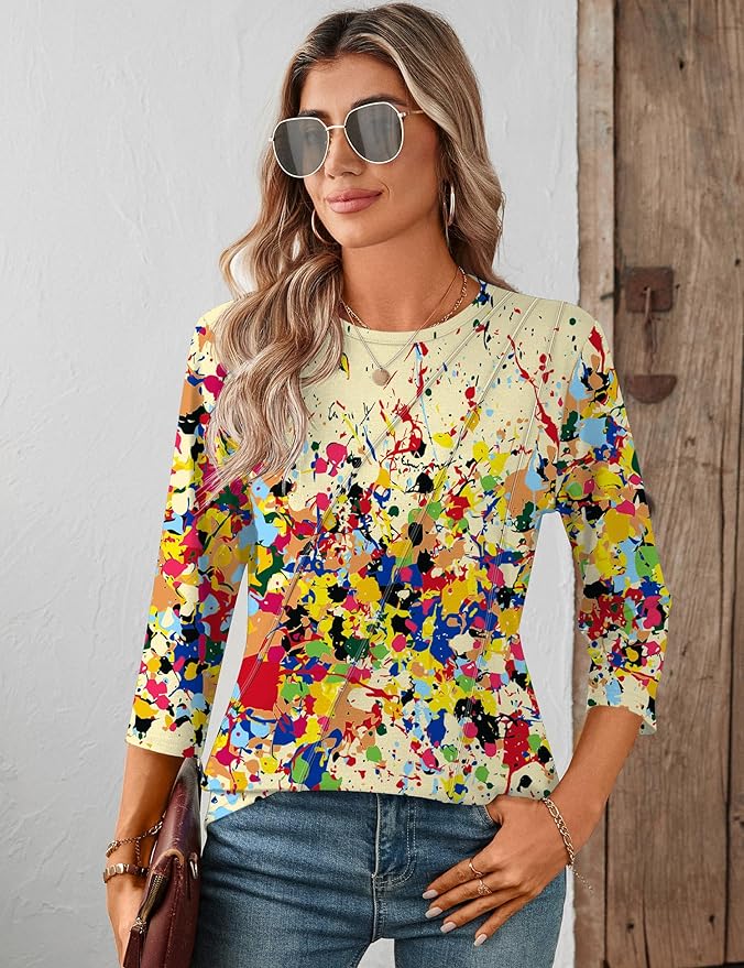 LOMON 3/4 Length Sleeve Womens Tops Spring Summer Fashion 2026 Tops Crew Neck Pleated Shirts Tunic Top Loose Fit