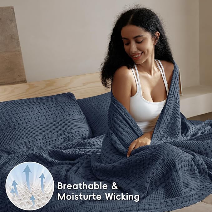 PHF 100% Cotton Waffle Blanket Oversized King 120"x120", Lightweight Breathable Extra Large 10'x10' Blankets for Bed, Giant Big Luxury Aesthetic Woven Bedding for Home Decor, Indigo
