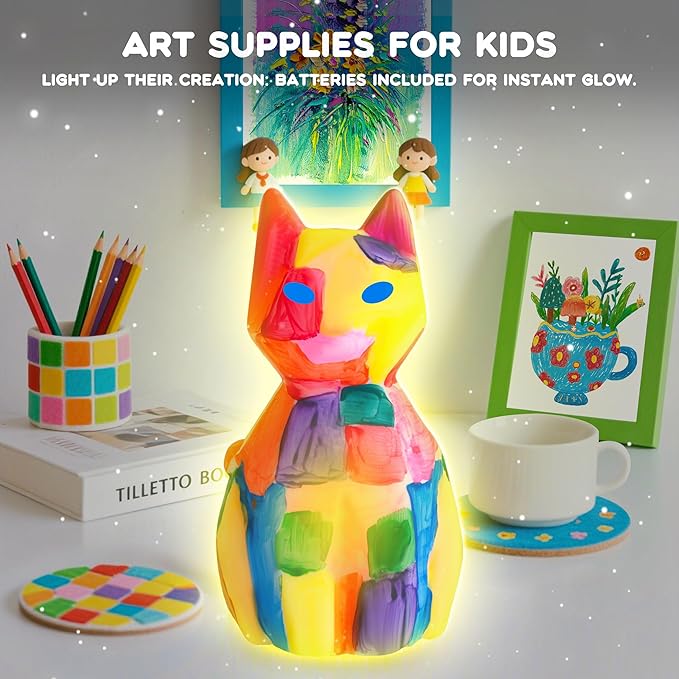 lucdnc Paint Your Own Cat Lamp Kit DIY Night Light Arts & Crafts Supplies Painting Kits for Kids Birthday Easter Christmas Gifts Stocking Stuffer Toys for Teens Girls Boys Ages 3-12+