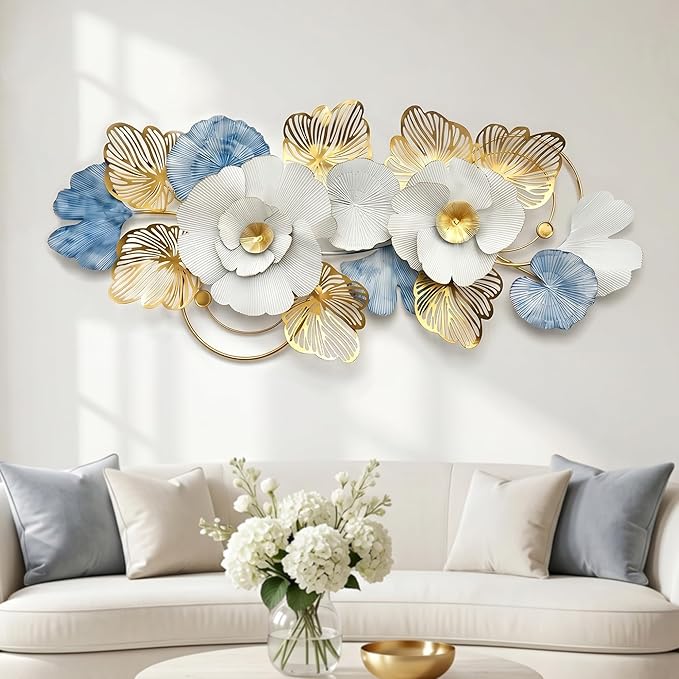 Axioglo 51" Large Wall Decor,3D Floral Metal Wall Art for Living Room | 51" x 22" metal wall decor with layered metal texture, mounting hardware, two-way display