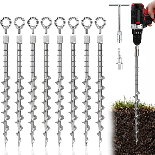 8 Pcs 12" Rustproof Aluminum Screw in Tent Stakes, Heavy Duty Ground Anchors with 8mm Adapter & Hooks, Durable Metal Stakes for Outdoor Camping, Tarp, Swing Sets, Lightweight & Strong Grip