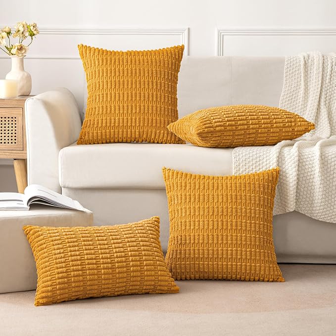 MIULEE Lumbar Corduroy Decorative Throw Pillow Covers 12x20 Gold Yellow | Pack of 2 Soft Boho Striped Pillow Covers Modern Farmhouse Home Decor For Sofa Living Room Couch Bed