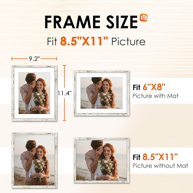 FIXSMITH 8.5x11 Picture Frame 2 Pack, Distressed White Photo Frame with HD Plexiglass, Display Pictures 6x8 with Mat or 8.5x11 Without Mat, Distressed White Picture Frames Collage Wall Decor, Gallary Wall Frame