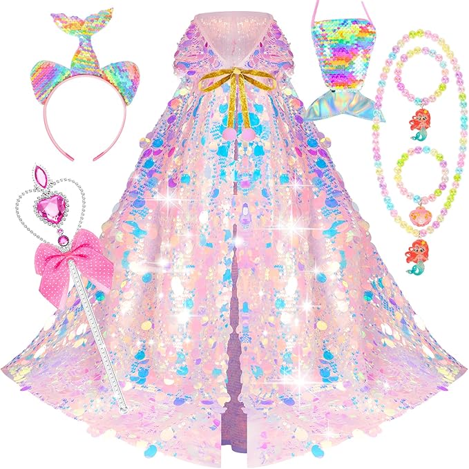 Mermaid Toys Princess Dress Up for Girls Princess Dress Up Cloak Gift Set for Little Girls 3-8 Years Old, Idea Gift for Birthday Christmas Halloween