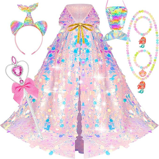 Mermaid Toys Princess Dress Up for Girls Princess Dress Up Cloak Gift Set for Little Girls 3-8 Years Old, Idea Gift for Birthday Christmas Halloween