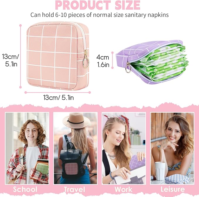 Period Bag Pouch Soft Cloth Sanitary Napkin Storage Bag Portable Menstrual Pad Pouches Tampon Holder for Purse First Period Kit for Girls 9-12 (Red-Blue Check)