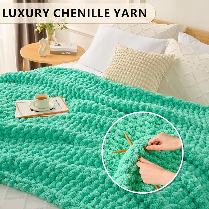 L'AGRATY Chunky Knit Throw Blanket for Couch, 60'' x 80'' Knit Throw, Aqua | Handmade Chenille Crochet Blanket for Sofa Bed, Thick Cable Knitted Blankets for Room Home Decor, Birthday Gift for Women Mom