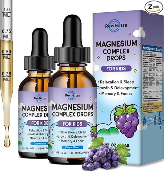 (2 Pack) Magnesium Glycinate Liquid for Kids, Kids Magnesium Liquid Drops Supplement with L-Theanine, Calcium, Zinc, Vitamin D3 K2 for Sleep Calm Relaxation Brain Bones Focus, Grape Flavor 4 Fl Oz