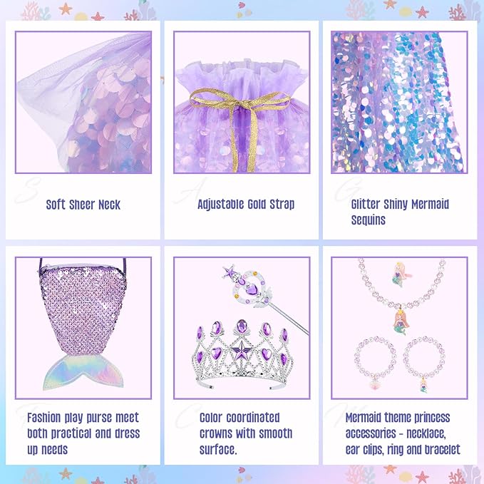 Meland Princess Dress Up for Girls 3-8, 11Pcs Mermaid Cape with Crown, Dress Up Clothes Birthday Gift Toys for Girls Toddlers