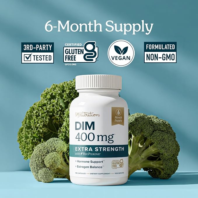 DIM Supplement 400MG Extra Strength | 6 Month Supply | Hormone Balance for Men and Women | Menopause, Acne, Hot Flashes Relief, Prostate & Antioxidant Support | Soy-Free, Gluten-Free | 180 Ct.