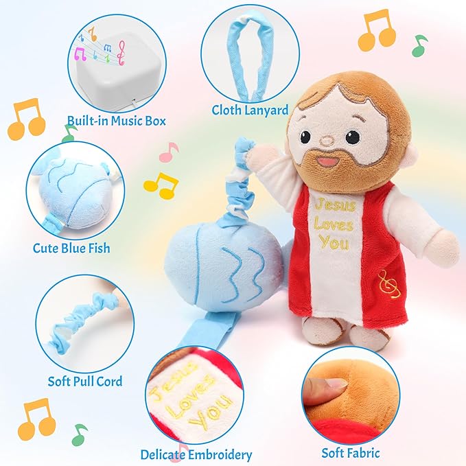 Baby Jesus Hanging Toys with Music Box Crib Toys Car & Stroller Toys Lullaby ﻿Sensory Pull Plush Doll for Babies Baptism First Birthday
