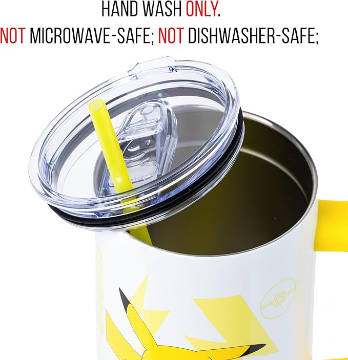 Silver Buffalo Pokémon Double Walled Stainless Steel Tumbler with Handle Featuring Pikachu, Fits in Standard Cup Holder, 40 Ounces