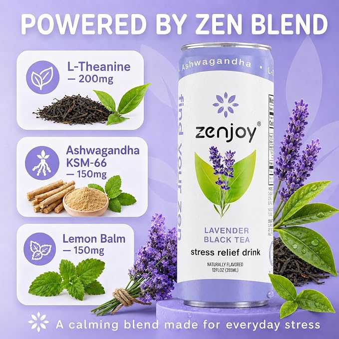 Zenjoy Adaptogen Drink Stress Relief Tea | Non Alcoholic Calming Drink w/Ashwagandha, Lemon Balm & L-Theanine for Focus | Stress Tea Calming Social Mocktail with Adaptogens (12 Pack, Lavender)