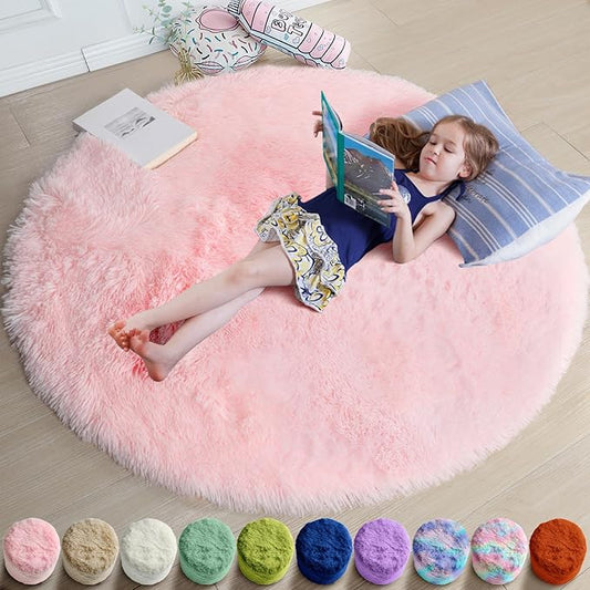 Amdrebio Light Pink Small Cute Round Rug 3Ft for Girls Bedroom, Fluffy Circle Area Rugs for Kids Room Decor, Shag Fuzzy Thick Fur Carpet for Nursery Dorm Classroom Playroom Teen Toddler Baby Corner