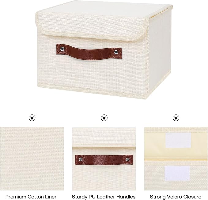 ANMINY Fabric Storage Box Bins with Lids, Beige, 10"x8"x7", 2 Pack | Keepsake Memory Storage, Cotton Linen, PP Board Reinforced, Washable, PU Handles, Foldable & Stackable, Decorative, Small