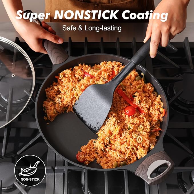 SENSARTE 12.5inch Nonstick Frying Pan Skillet with Lid, Black | Non Stick Pan Omelette Pans with Cover, Healthy Kitchen Cooking Chef's Pan with Cover, PFOA/PFOS Free, Induction Compatible