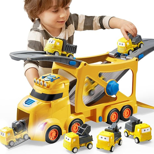 Vroomix Extra Large Toy Trucks for Toddlers, 3-Layer Construction Trucks for Boys, 7-in-1 Big Carrier Truck with Siren & Lights and 6 Toy Cars, Christmas Birthday Gifts for Boys Kids