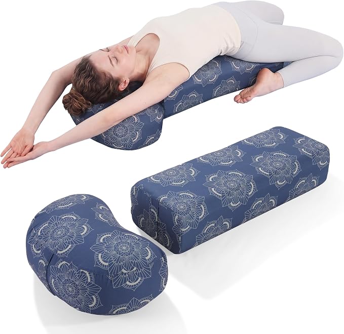 MABOZOO 2-Piece Yoga Bolster Pillow, Rectangular & Crescent Meditation Cushions with Removable Cover for Restorative Yoga, Meditation Accessories for Sitting on Floor
