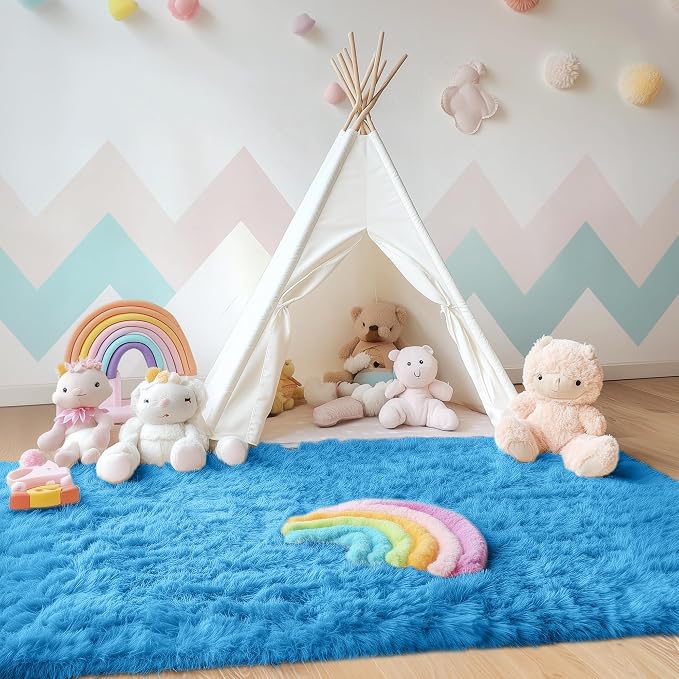 OLANLY Area Rugs for Living Room Bedroom, Machine Washable 4x5.9 ft Soft Fluffy Shaggy Bedside Rug, Indoor Floor Carpet for Kids Girls and Boys, Dorms, Nursery Rooms, Home Decor Aesthetic, Bright Blue