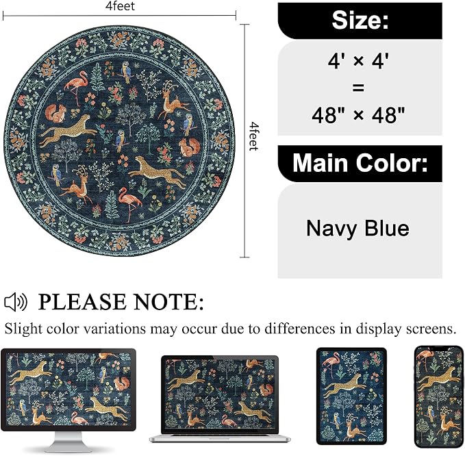 DUKINO 4ft Round Rug, Washable Animal Round Area Rug Non Slip, Navy Blue | Low Pile, Soft, Non-Shedding Indoor Circle Carpet for Bedroom, Entryway, Living Room, Farmhouse, Pet Friendly, Lightweight