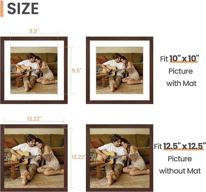 upsimples Vinyl Record Frame, Display Pictures 10x10 with Mat or 12.5 x 12.5 Without, Wall Hanging Album Cover Frames, Brown, 1 Pack