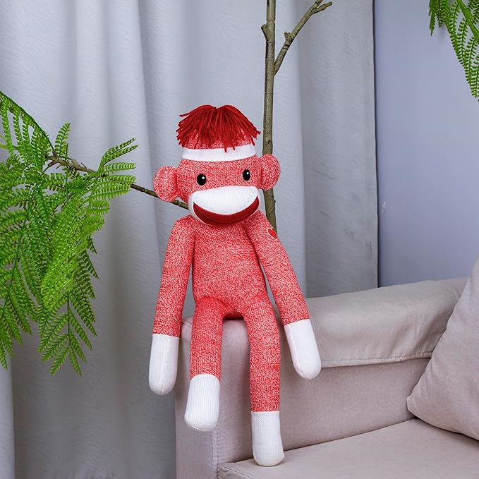 Plushland Adorable Sock Monkey, The Original Traditional Hand Knitted Stuffed Animal Toy Gift-for Kids, Babies, Teens, Girls and Boys Baby Doll Present Puppet 20 Inches (New Orange)
