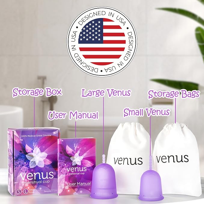 Venus Menstrual Cup Kit (Set of 2) - Higher Capacity (+30%) - Unique U-Shape Design for Heavier Flow Days - Get 12 Hours Leak-Free Protection - 100% Medical Grade Silicone Period Cups | Small+Large