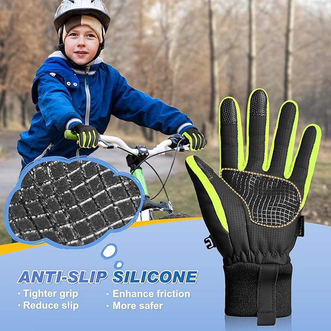 Sukeen Kids Winter Warm Gloves for Boys Girls Windproof PU Cold Weather Gloves Aged 4-14 Anti-Slip Gloves for Cycling Outdoor