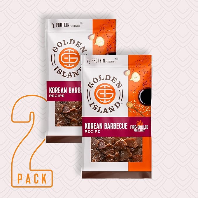 Golden Island Korean BBQ Pork Jerky - (4 Pack) 9 oz Resealable Bag - Fire-Grilled Specialty Meat Snack - Sweet & Savory Protein Snack - 7g Protein per Serving - Made with 100% All-Natural Pork