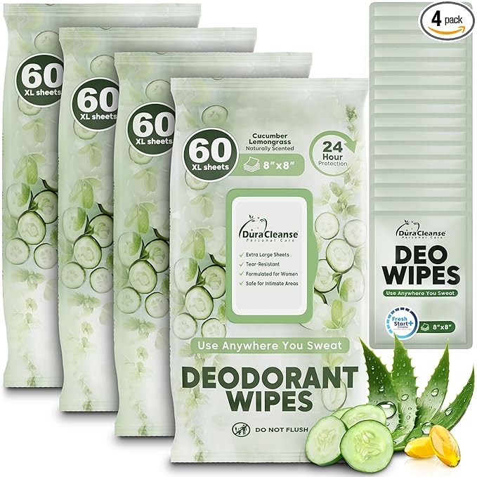 XL Deodorant Wipes for Women - 240 Ct. + 16 Travel Body Wipes Individually Wrapped 8"x8" Odor Eliminator Towelettes for Underarm, Body, Feet - pH Balanced Armpit Smell Remover for Gym & Post Workouts