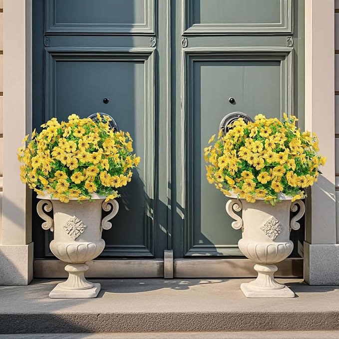 Ouddy Decor 24 Pcs Artificial Flowers for Outdoors Decorations, Yellow | Lifelike silk flowers, UV resistant, faux plastic plants, for garden porch window table vase home indoor outdoor decor