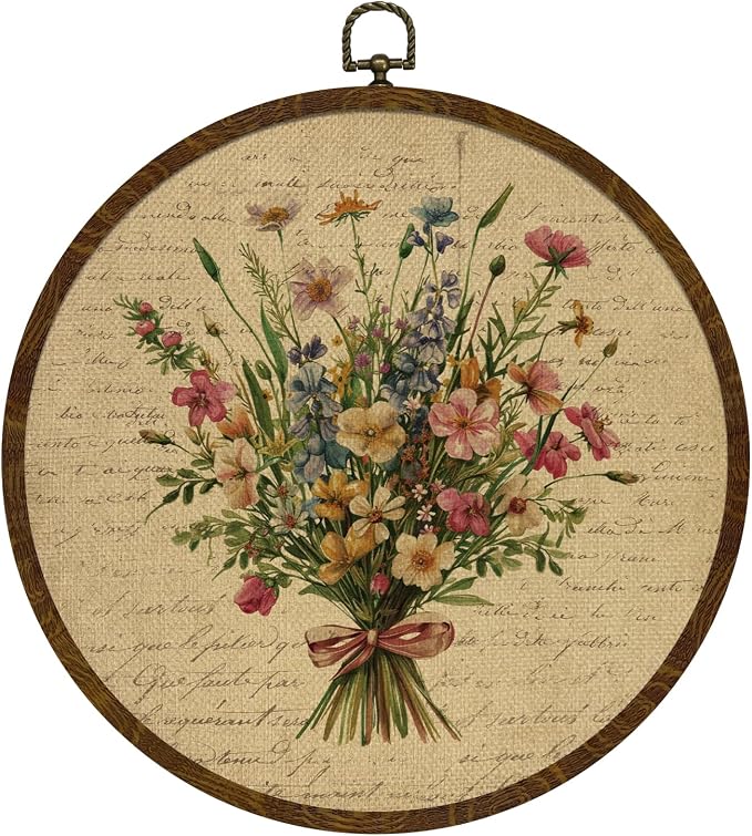 KLYTINK Vintage Floral Round Wall Art Decor,Boho Wildflower Botanical Canvas Print,Retro Wall Hnging Decor for Farmhouse Bedroom Living Room Gallery Space 10"x10"(Letter Flowers-04)