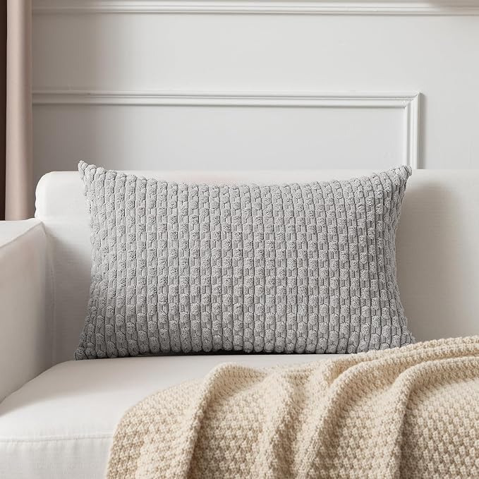 Kevin Textile Soft Corduroy 14"x22" Lumbar Pillow Cover 1 Pack, Light Grey | Boho Stripe Plush Corduroy Decorative Oblong Cushion Cover Modern Farmhouse Home Decor for Sofa Couch Bed Chair