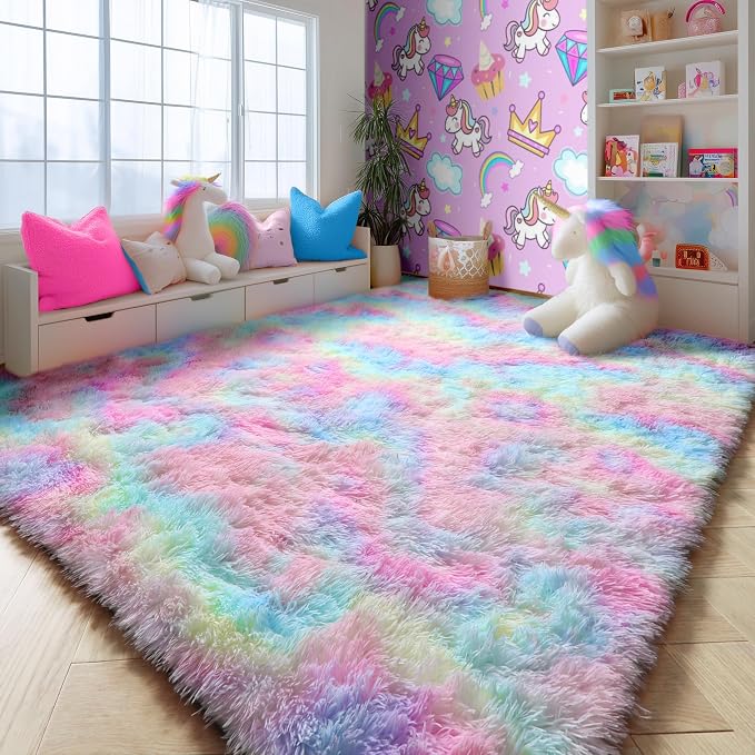 PAGISOFE Fluffy Vibrant Rainbow Rugs for Bedroom Girls 5x7, Colorful Soft Cute Unicorn Girls Room Rugs, Kids Playroom Living Room Nursery Home Decor, Furry Kawaii Princess Rug,Pastel Shaggy Rug Carpet