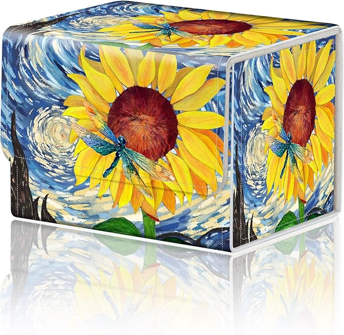 DEGDFSGR Card Game Storage Box for TCG MTG Commander Deck Box Organizer Trading Card Case Magnetic Closure Creative Pattern Up to 200 Cards, Sunflower Dragonfly