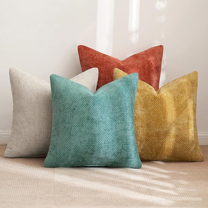 MIULEE Decorative Chenille Fall Pillow Covers Orange Teal 20x20 Pack of 4 | Rustic Home Decor, Retro Vintage Set, Couch Throw Pillows, Farmhouse Boho Cushion Covers for Sofa Bed Living Room
