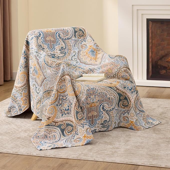 100% Cotton Boho Throw Blanket for Home Decor – Classic Farmhouse Quilt Bedding, Muslin Blankets for Adults, Vintage Woven Decorative Blanket for Couch, Bed Layering Use, Paisley Pattern, 60"x80"